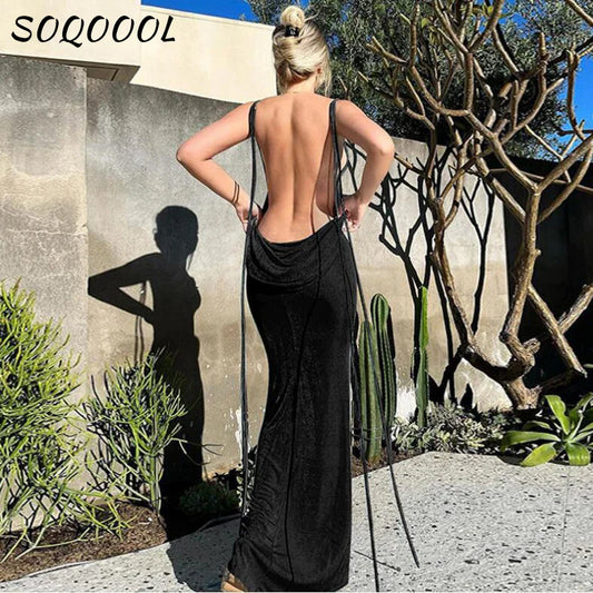 CITSLX Sexy Swing Collar Backless Maxi Dress Women Summer 2024 Drawstrings Sleeveless Club Party Prom Dresses Elegant Female Outfits