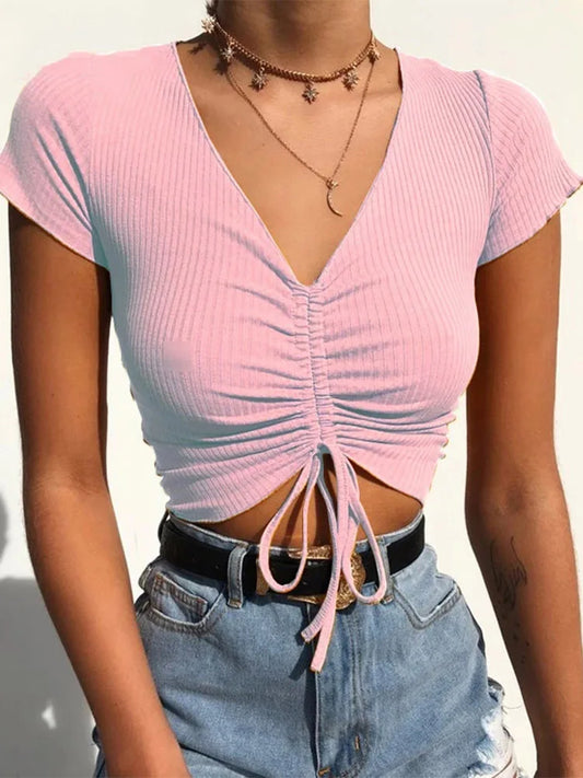 CITSLX Sexy V Neck Cropped Tank Tops Women Drawstring Tie Up Front Camis Candy Colors Streetwear Slim Fit Ribbed Crop Top