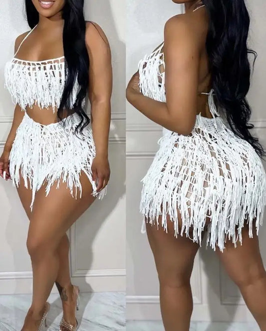 CITSLX Sexy Womens Two Piece Sets Outfit Spaghetti Strap Crop Crochet Top & Tassel Design Shorts Set New Fashion 2024 Summer Casual