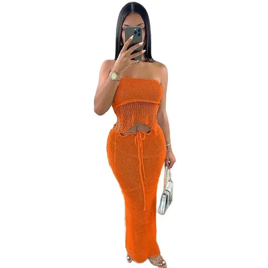 CITSLX Sexy Wrap Bust Hanging Neck Lace-up Tops Women See-through Two Piece Sets Split Hem Long Skirt Casual Vacation Female Suits 2024