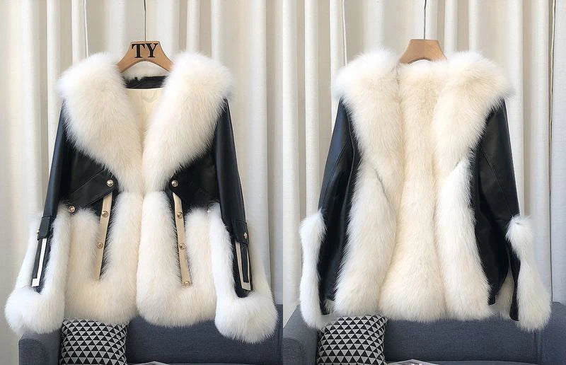 CITSLX Imitation Fox Fur Women's Color Blocked Fur Coat  Winter 2024 Short Style Contrasting Fur Integrated Warm Coat