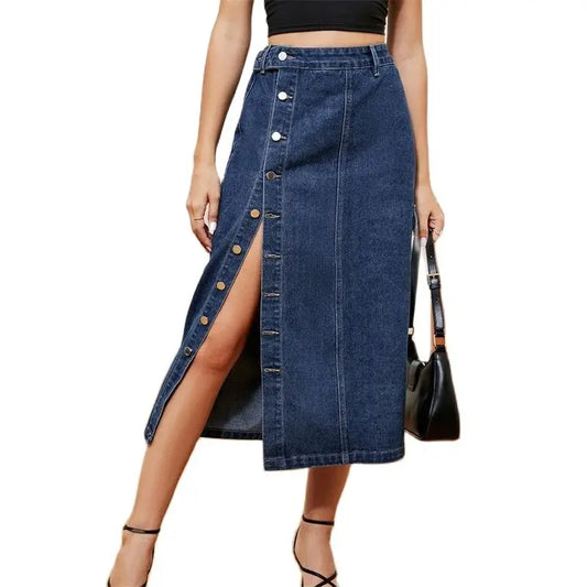 CITSLX Side Pocket Single-breasted Splicing Denim Skirt Women High Waist Half-body Dress Female Office Commuter Casual Streetwear 2024