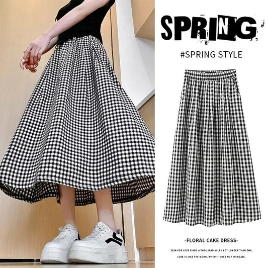 CITSLX Single-layer Thin Black and White Plaid Skirt Women 2024 New Summer Small A-line Skirt High Waist Thin A-line Umbrella Skirt