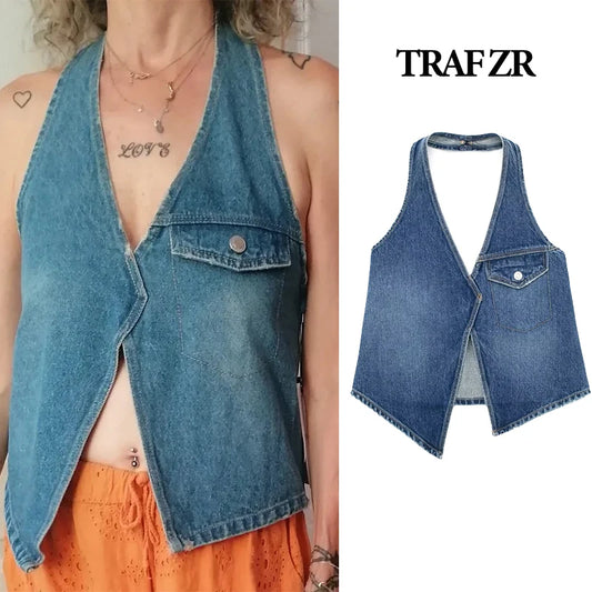 CITSLX Sivatu Traf Vitage High Street Top Women Crop Top Y2k Harajuku Women's Cropped Gothic Sexy Denim Top Vest for Women Corset