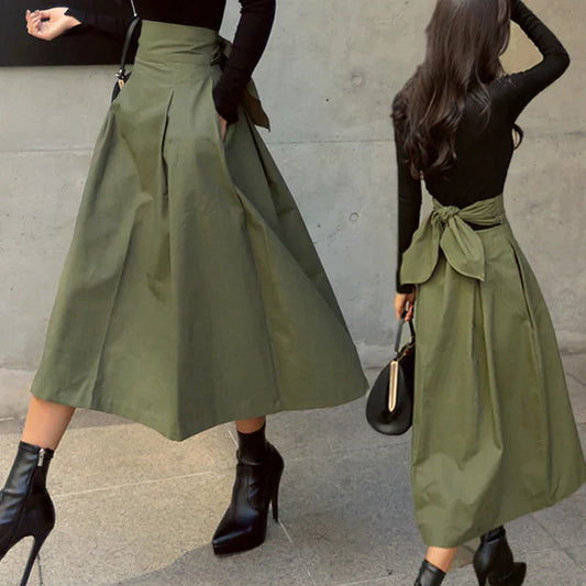 CITSLX Skirts Womens Korean Fashion Solid Color Big Swing Ladies Skirt Long Skirt 2022 Autumn Wild High Waist Bow Slim Skirts