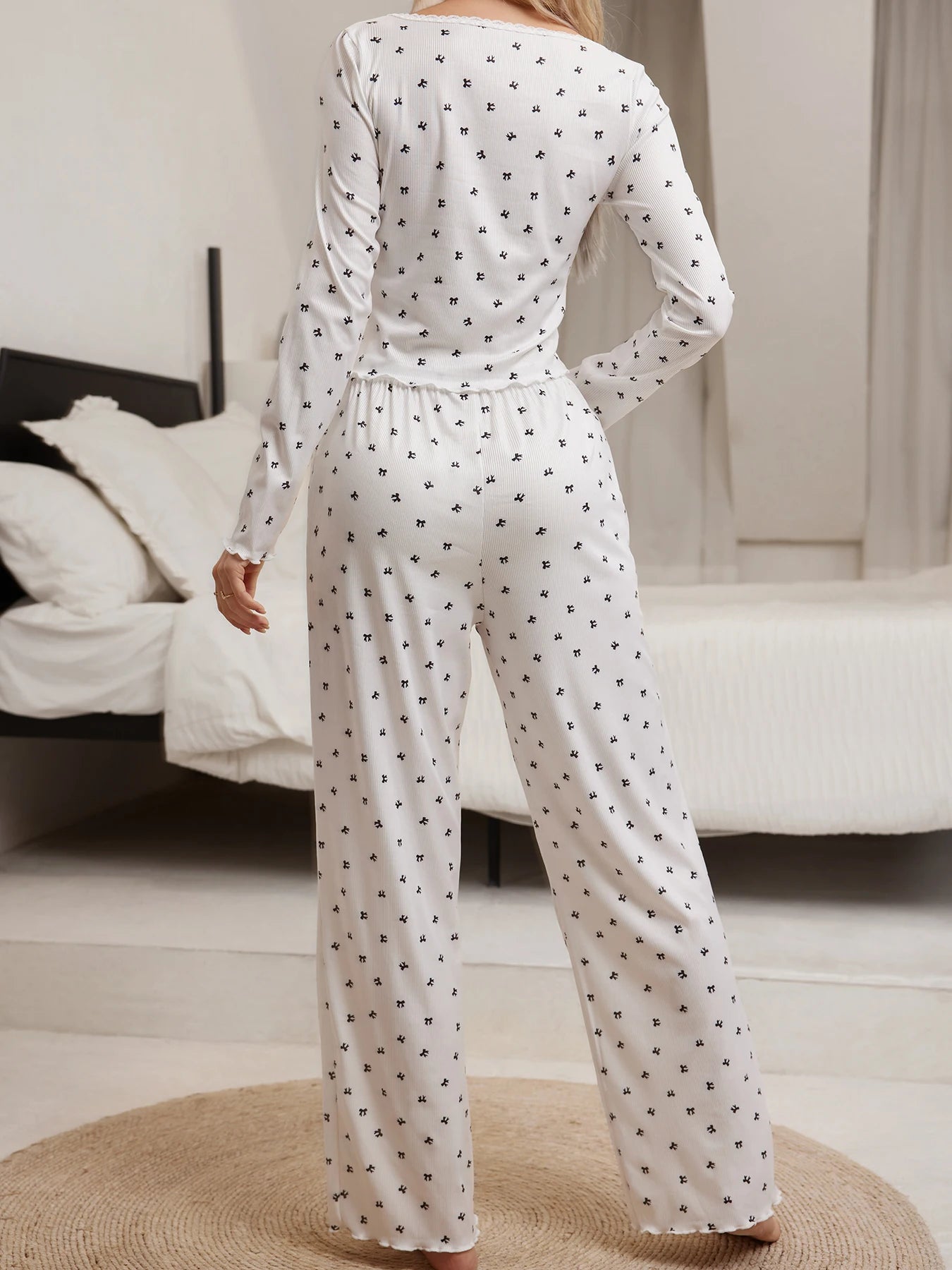 CITSLX Sleepwear Suit Cute Bowknot Print  Lettuce Trim Top with Long Pant Lovely Loungewear Full Sleeve Nightwear Autumn Pajamas Set