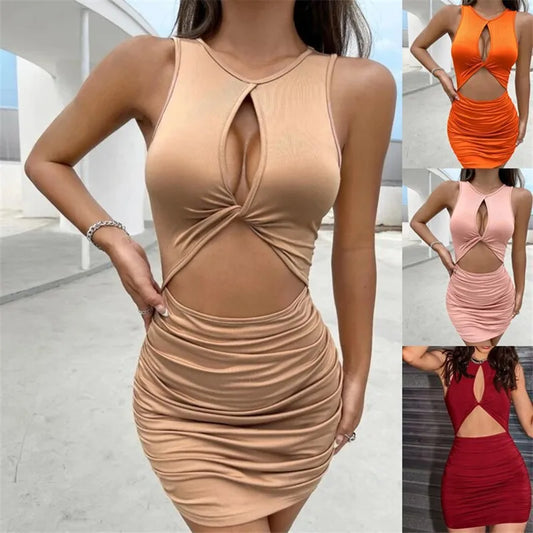 CITSLX Sleeveless Sexy Mini Dress Women Bodycon Pleated Hollow Out Dress Summer Party Club Solid Short Mini Dresses Party Club Outfit