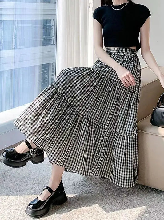 CITSLX Small girl thin black and white check skirt sag half skirt large size summer loose students in the long cake skirt