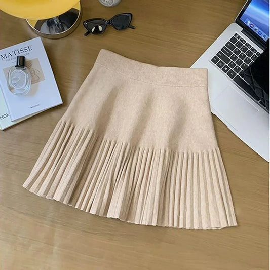 CITSLX Smvp 2025 Autumn Winter New High-waisted A-line Skirt Women Knitted Pleated Shirts Lady Solid Color Preppy Style Mini Skirts