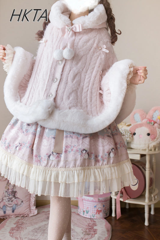 CITSLX Soft Girl Lolita New Winter Hooded Knitted Sweater Cloak Sweet Cute Women Warm Furry Knitwear Jacket Cardigan Loose Poncho Coat