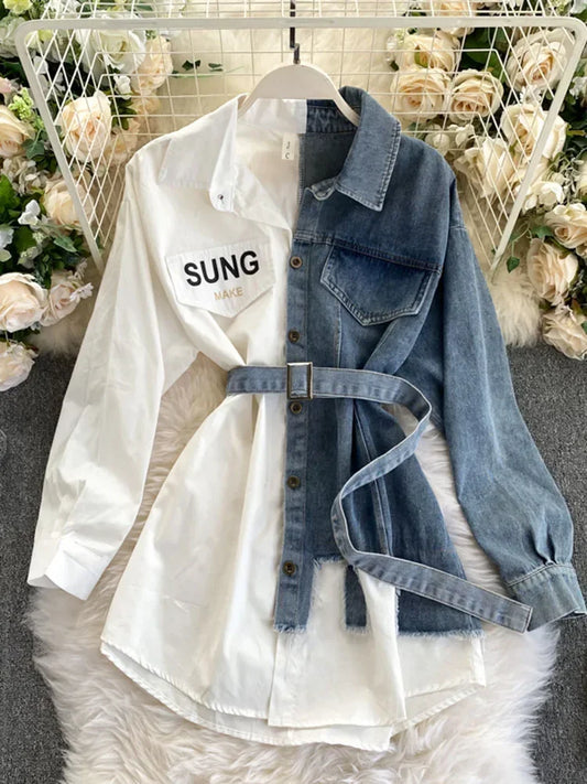 CITSLX Spring Autumn Women's Denim Shirt Color Contrast Patchwork Lace Up Blouse Shows Thin Versatile Top Fashion GD596