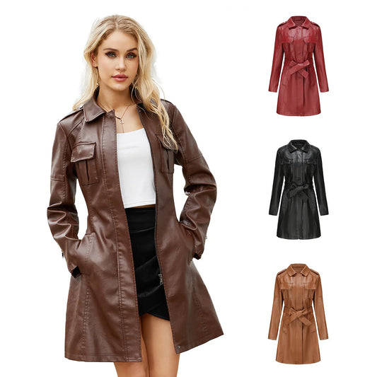 CITSLX Spring Autumn Women's Leather Windbreaker Fashionable British Coat For Women Long Leather Jacket With Belt Pocket Lapel Coats