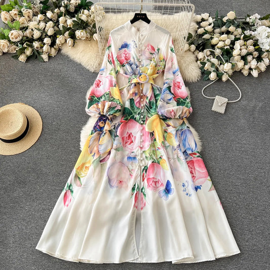 CITSLX Spring Holiday Tulip Floral Maxi Dress Women Elegant Stand Collar Single Breasted Lantern Sleeve Belt Prom Robe Clothes Vestidos