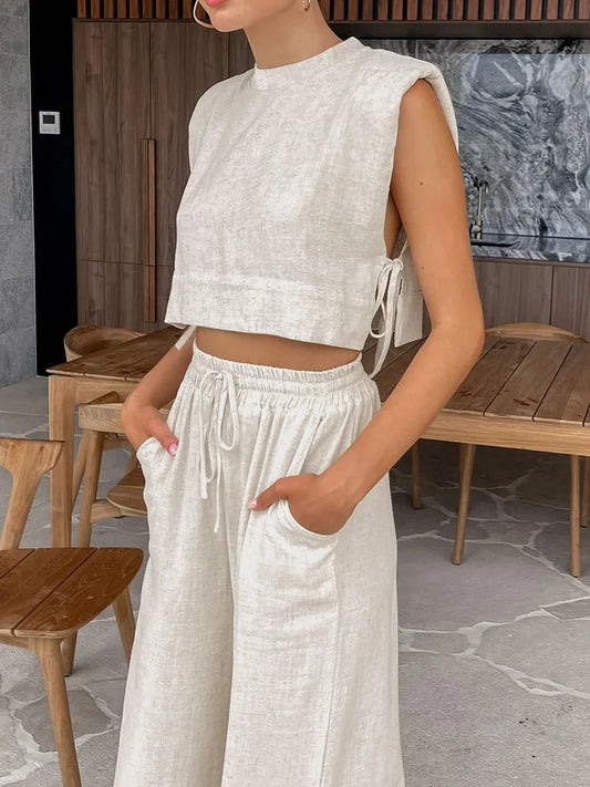 CITSLX Spring Summer 2024 Women Holiday Linen Pant Set Crop Tops Solid Outfits 2 Two Piece Matching Set For Women