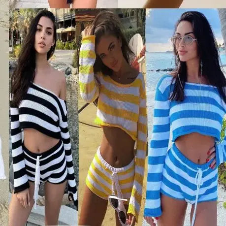 CITSLX Spring/Summer European and American Women's Vacation Leisure Stripe Knitted New Open Navel Sexy Shorts Set