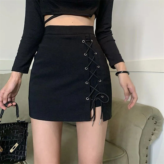 CITSLX Spring Summer High Waist Mini Skirt Women Sexy Skinny Lace Up Black Short Skirts Woman Streetwear Gothic Y2K Bodycon Skirts