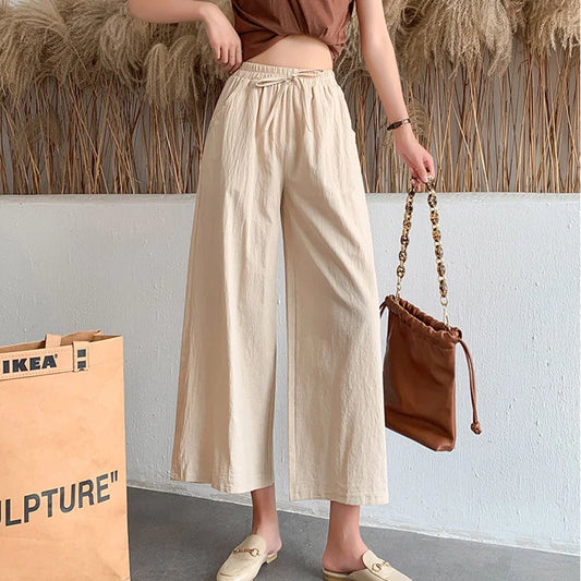 CITSLX Spring Summer Women Wide Leg Cotton Pants Casual loose ealstic waist wide leg Calf-Length Pants for Female Trousers