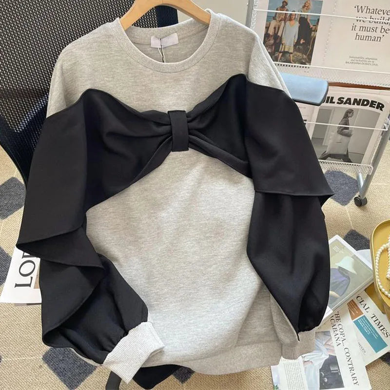 CITSLX Spring and Autumn Fashion Fake Two Pieces Loose Large Spliced Bow Versatile Foreigner Round Neck Women's Long Sleeve Sweater