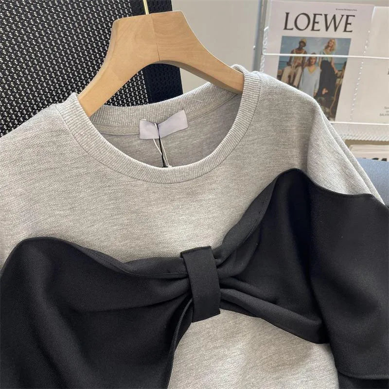 CITSLX Spring and Autumn Fashion Fake Two Pieces Loose Large Spliced Bow Versatile Foreigner Round Neck Women's Long Sleeve Sweater