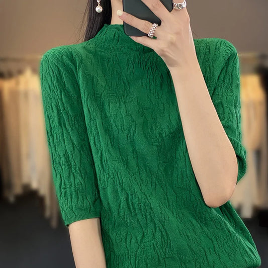 CITSLX Spring and Summer2024 New Women's Half-high collar Short-Sleeved Exquisite Cashmere Sweater Pullover