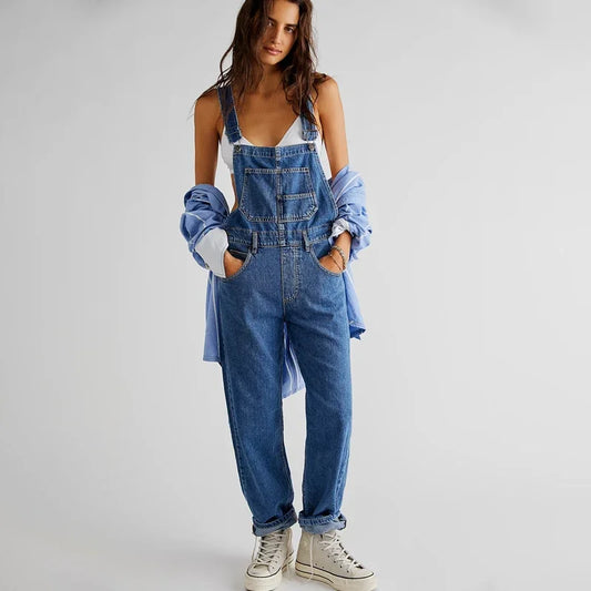 CITSLX Spring and summer blue denim jumpsuit women's casual denim work clothes denim overalls large size loose slim fit retro jumpsuit