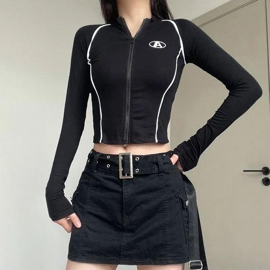 CITSLX Stitched Zip Up Crop Top Women Punk Skinny Long Sleeve Moto&Biker T-shirts Harajuku Letter Embroidery Gothic Y2k Black Tees