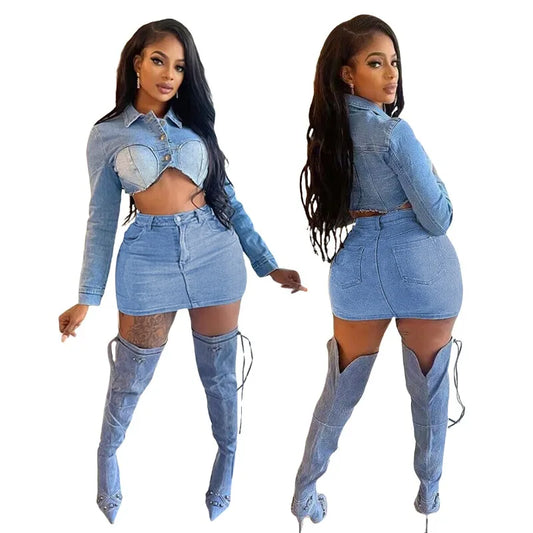 CITSLX Stretch Denim Two Piece Set Women Turn Down Collar Long Sleeve Single Breasted Crop Jackets Top Bodycon Mini Skirts Jeans Suit