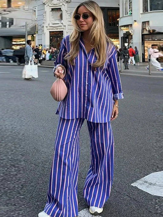 CITSLX Striped Shirt Pants Set Women Casual Lapel Blouses Elastic Waist Pocket Straight Leg Trousers Female Sets 2024 Fashion Outfit