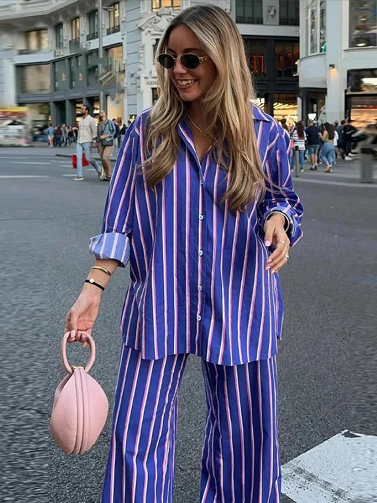 CITSLX Striped Shirt Pants Set Women Casual Lapel Blouses Elastic Waist Pocket Straight Leg Trousers Female Sets 2024 Fashion Outfit