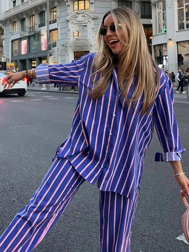 CITSLX Striped Shirt Pants Set Women Casual Lapel Blouses Elastic Waist Pocket Straight Leg Trousers Female Sets 2024 Fashion Outfit