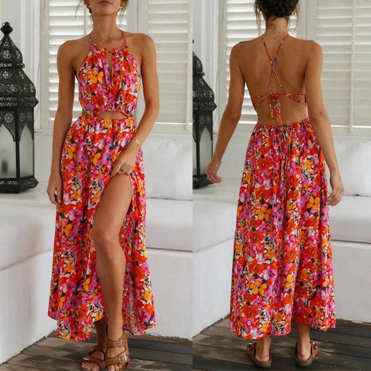 CITSLX Summer 2024 European And American Women's Halter Red Print Sexy Halter Waist Swing Beach Dress