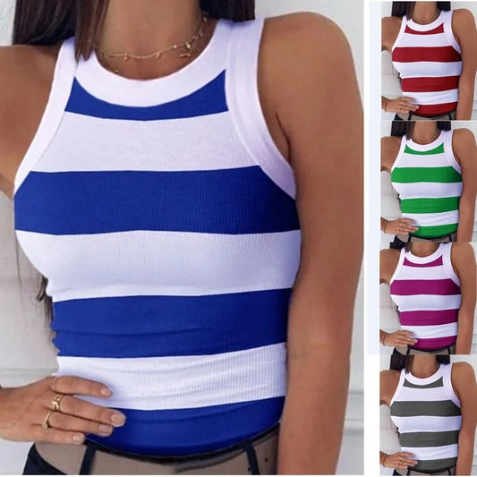 CITSLX Summer Basic Elastic Tank Top Digital Printing T-shirt Women's O Neck Racerback Sexy Tank Top Stripe Print Sleeveless Tank Top