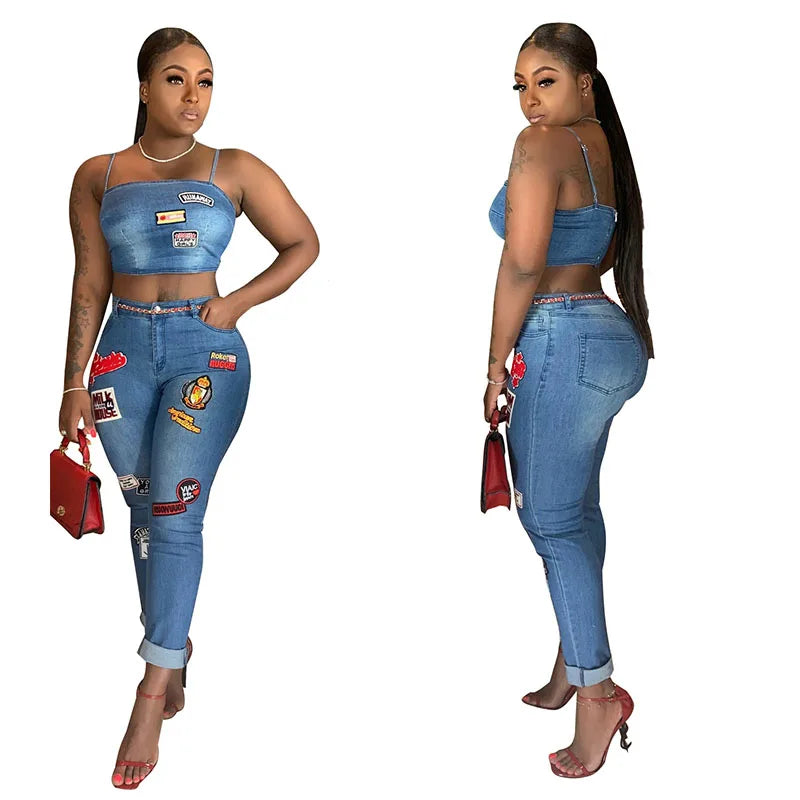 CITSLX Summer Jeans Outfits 2024 Women Clothes Sets 2 Piece Birthday Party Club Sexy Crop Top and Pants Denim Two Piece Mathcing Set