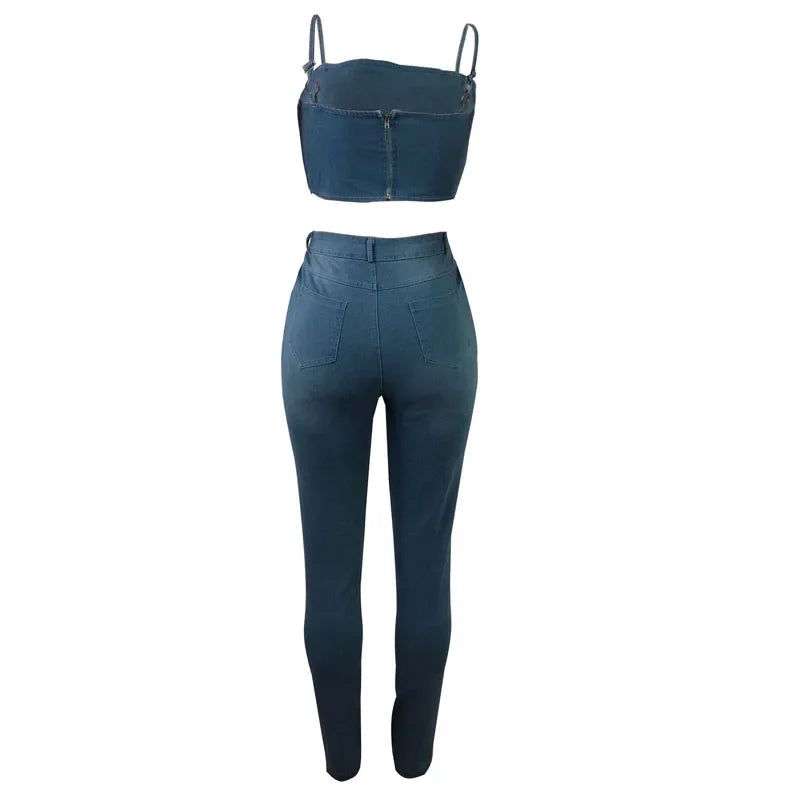 CITSLX Summer Jeans Outfits 2024 Women Clothes Sets 2 Piece Birthday Party Club Sexy Crop Top and Pants Denim Two Piece Mathcing Set