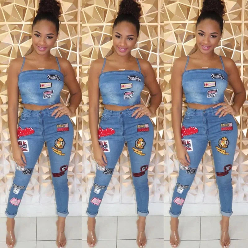 CITSLX Summer Jeans Outfits 2024 Women Clothes Sets 2 Piece Birthday Party Club Sexy Crop Top and Pants Denim Two Piece Mathcing Set