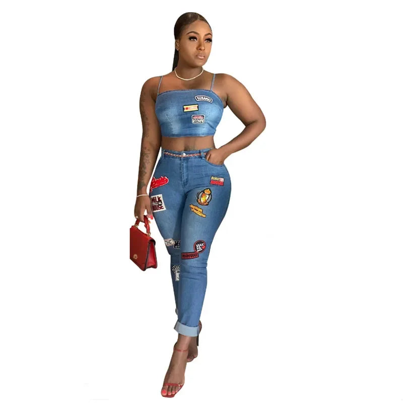 CITSLX Summer Jeans Outfits 2024 Women Clothes Sets 2 Piece Birthday Party Club Sexy Crop Top and Pants Denim Two Piece Mathcing Set