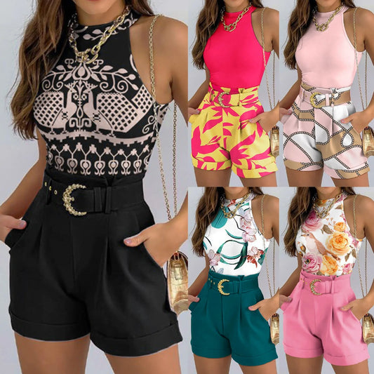 CITSLX Summer New 2024 Fresh And Sweet European And American Women'S Set Elegant Round Neck Sleeveless Fashion Shorts Belt Sets