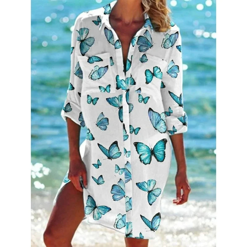 CITSLX Summer New Butterfly 3D Printed Hawaiian Women's Shirt Dress Women's Beach Sexy Shirt Coat Shirt Long sleeved Maxi