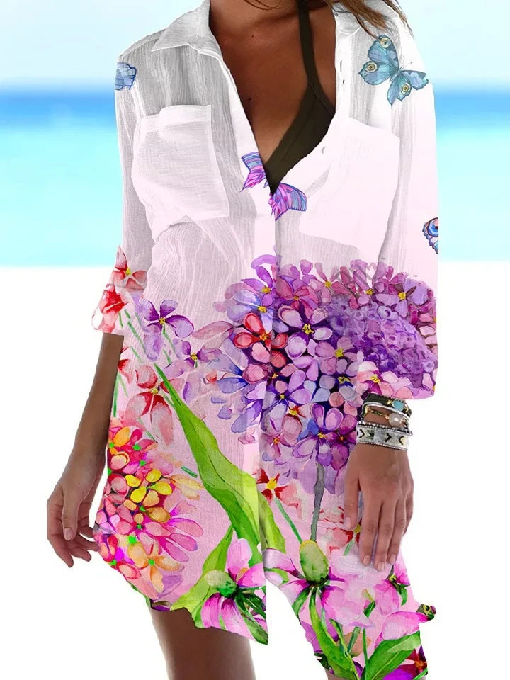 CITSLX Summer New Butterfly 3D Printed Hawaiian Women's Shirt Dress Women's Beach Sexy Shirt Coat Shirt Long sleeved Maxi