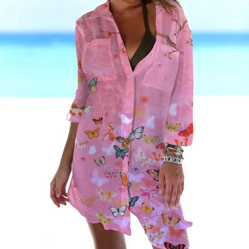 CITSLX Summer New Butterfly 3D Printed Hawaiian Women's Shirt Dress Women's Beach Sexy Shirt Coat Shirt Long sleeved Maxi