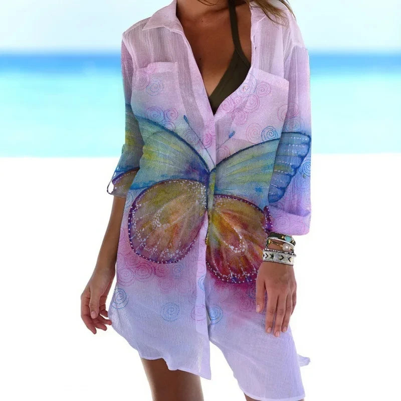 CITSLX Summer New Butterfly 3D Printed Hawaiian Women's Shirt Dress Women's Beach Sexy Shirt Coat Shirt Long sleeved Maxi