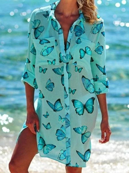 CITSLX Summer New Butterfly 3D Printed Hawaiian Women's Shirt Dress Women's Beach Sexy Shirt Coat Shirt Long sleeved Maxi