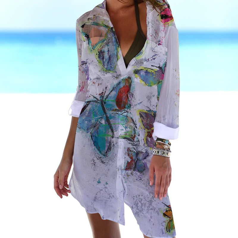 CITSLX Summer New Butterfly 3D Printed Hawaiian Women's Shirt Dress Women's Beach Sexy Shirt Coat Shirt Long sleeved Maxi