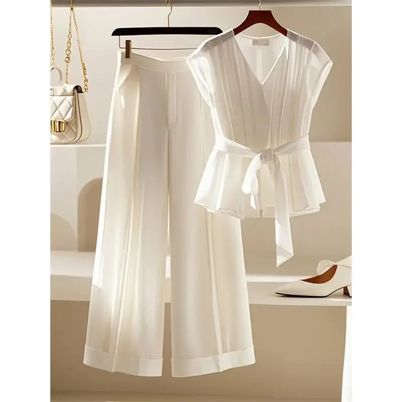 CITSLX Summer New Fashion French Style V-neck Lace up Slim Blouse Top StylishThin Wide Leg Pants White Two Piece Sets Women Outfits