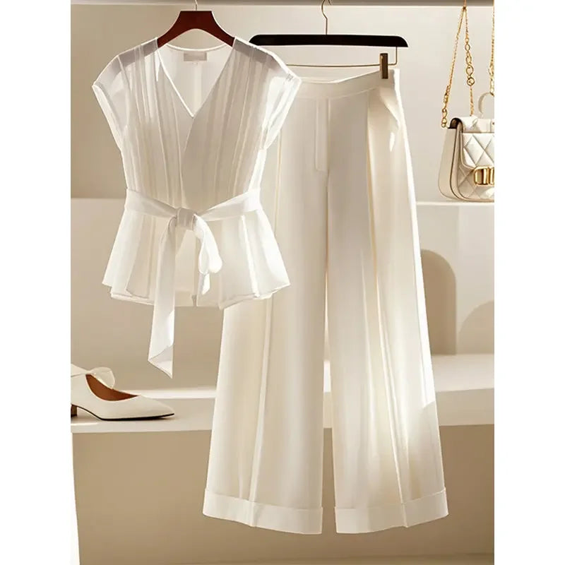 CITSLX Summer New Fashion French Style V-neck Lace up Slim Blouse Top StylishThin Wide Leg Pants White Two Piece Sets Women Outfits