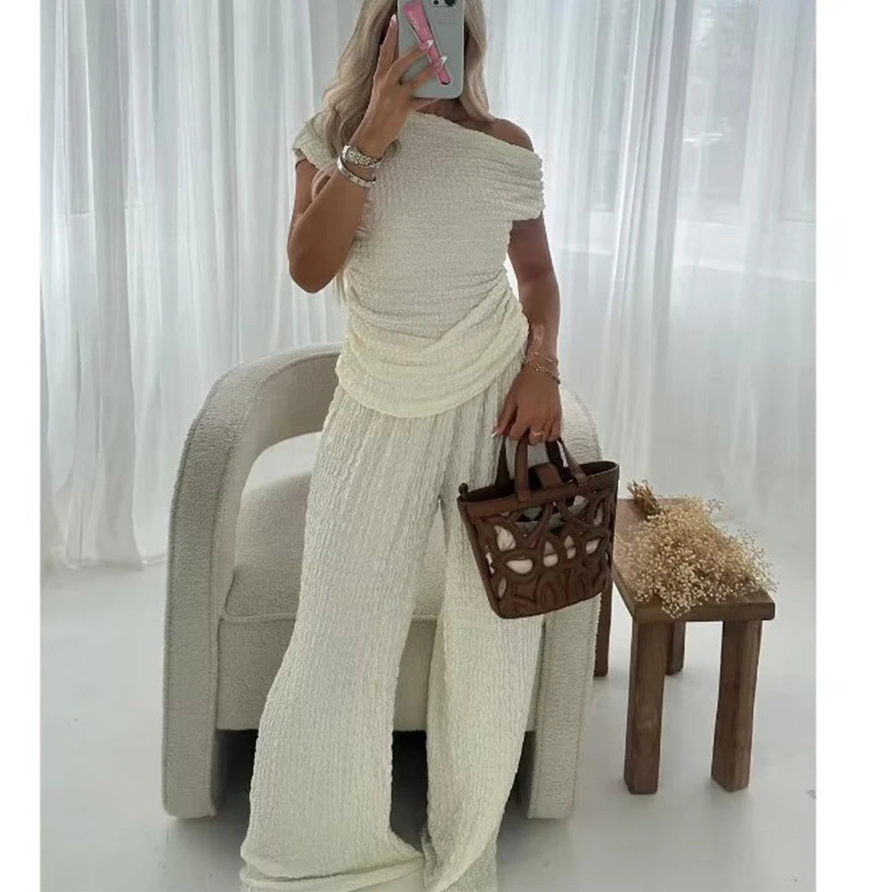 CITSLX Summer New Women's Fashion European and American Style Knitted Solid Color Top+High Waist Pants Set