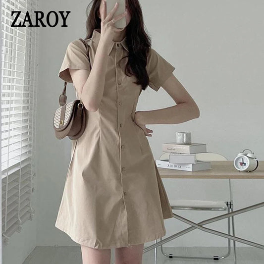 CITSLX Summer Pleated Shirt Dress Fashion A-Line Single Breasted Casual Dress Turn-Down Collar High Waist Solid Trendy Mini Dress 2024