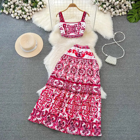 CITSLX Summer Runway Holiday Red Blue and White Porcelain Print Two Piece Set Women Spaghetti Strap Short Tops＋Maxi Skirts Set Suit