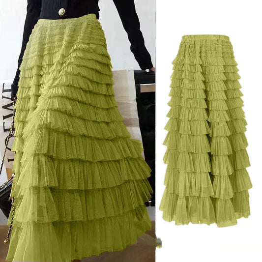 CITSLX Summer Spring Women’s Multilayer Ruffles Tulle Skirt Pleated High Waist Fluffy Maxi Skirt Fairy Cake Dress Long Tutu Party Skirt