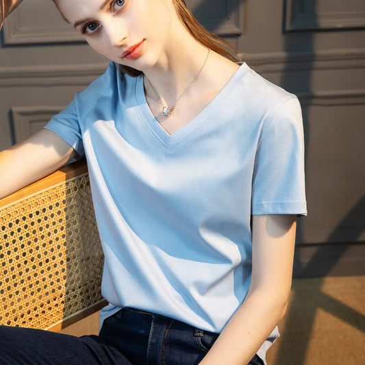 CITSLX Summer T-shirt Soft Mulberry Silk Cotton O Neck T Shirt Womens Loose Short Sleeve Solid Top Women Color 2024 High Quality Korea